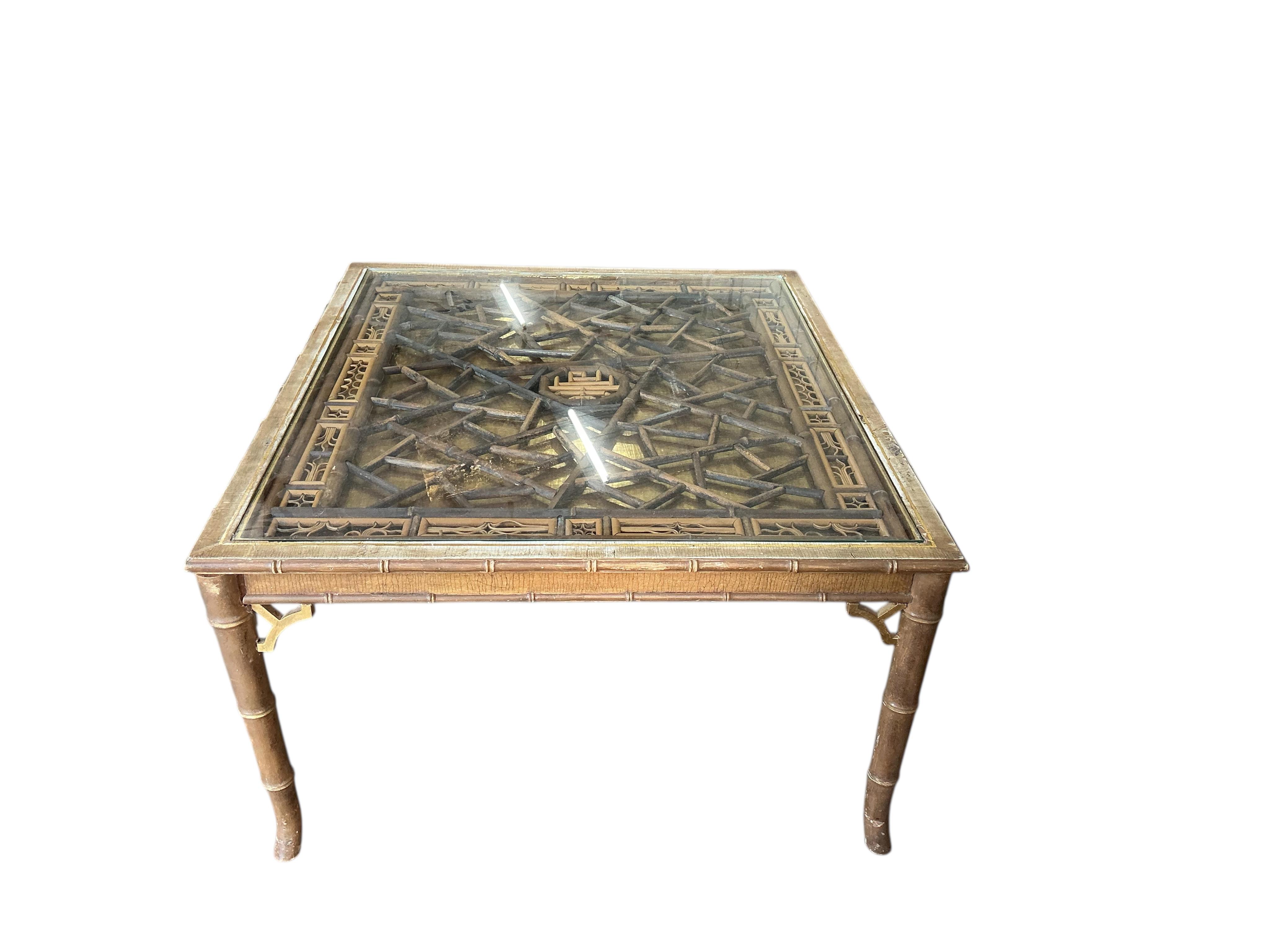 A Chinese rectangular giltwood bamboo coffee table on simulated bamboo underframe, width 91cm, depth 77cm, height 44cm